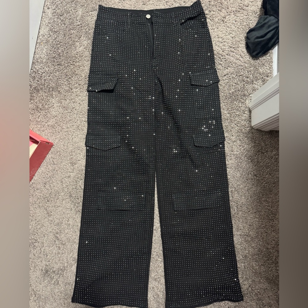 SHEIN Mid Waist Black Rhinestone Straight Leg Casual Cargo Jeans - Picture 7 of 7